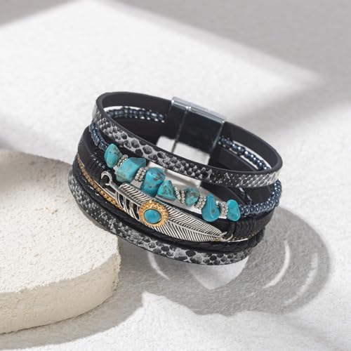 FANCY SHINY Turquoise Boho Leather Bracelet Stackable Chunky Wrap Bangle Bracelets Cowboy Cowgirl Chic Western Jewelry Gift for Women - color: Black