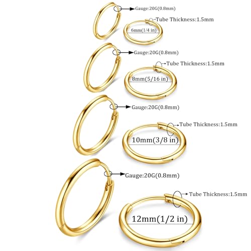 316L Surgical Stainless Steel Huggie Hoop Earrings 6mm 8mm 10mm 11mm 12mm 14mm Hypoallergenic Earrings Hoop Cartilage Helix Lobes Hinged Sleeper Earrings For Men Women - style: "(D6/8/10/12) THK 1.5mm T GOLD"