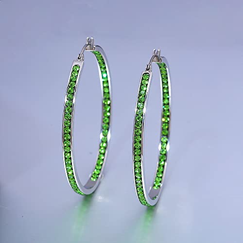 CiNily Mult-colors Crystal Stainless Steel Hoop Earring for Women Hypoallergenic Jewelry for Sensitive Ears Large Big Hoop Earrings 2" - color: Green