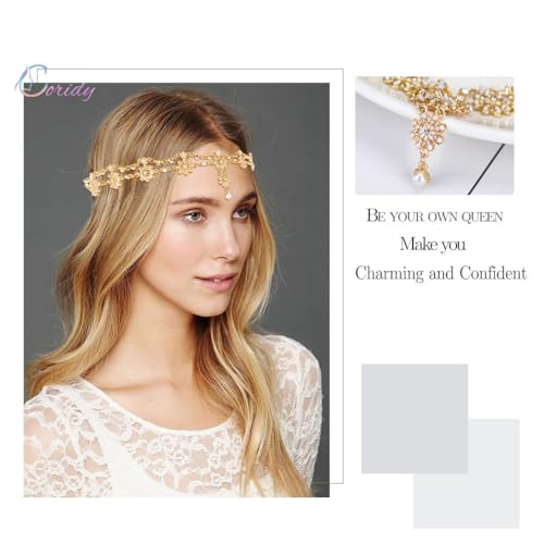 Golden Rhinestone Head Chain for Women Boho Pearl Headpiece Wedding Elastic Jewelry Headband