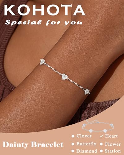 KOHOTA Silver Gold Bracelets for Women Trendy 14K Gold Plated Bracelet for Women Non Tarnish Dainty Stackable Clover Flower Heart Butterfly Diamond CZ Charm Station Bracelets Stack Jewelry Gifts - color: E: Heart-Silver