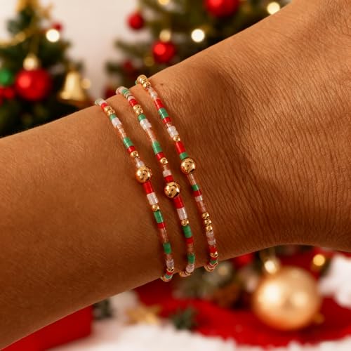 Colorful Beaded Bracelet Stack for Women,3PCS Handmade Bohemian Gold Plated Ball Stretch Stackable Bracelets Set Fashion Jewelry Gift Friendship - color: Christmas