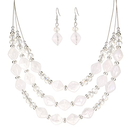 3 Layered Chunky Statement Necklace for Women Beaded Strand Necklaces with Earring Fashion Costumes Collar Necklace Jewelry Sets Gifts for Women - color: White