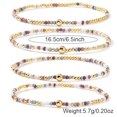 Boho 4Pcs Stack Colorful Small Seed Beaded Bracelets Set for Women, Cute Handmade Dainty Trendy Gold Plated Stretch Accessories Thin Glass Jewelry, Summer Daily Party Friendship Gift - color: Purple Gray