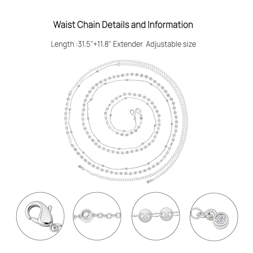 Waist Chain Belt for Women - 14K Gold Plated/Silver Layered Belly Chains for Women Sexy Bikini Beads Gold Jewelry Accessories Body Chain Gifts - color: Waist Chain-Round-Silver