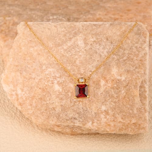 18K Gold-Plated Non Tarnish Birthstone Necklace for Women, 5A Princess Cut Cubic Zirconia Pendant, Birthday Anniversary Valentine's Gift, 18-20 Inches - color: 1-Jan-Deep Garnet