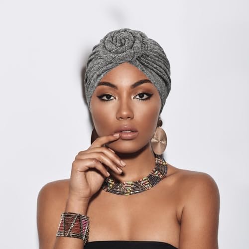 DRESHOW 5 Pack Knotted Headwraps for Women African Turban Pre-Knotted Beanie Headwraps Hair Covers - color: 5 Pack Donuts: Purple/Tan/Navy/Hemp Grey/Black