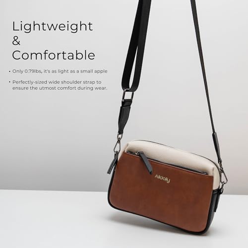 Alldaily Small Triple Zip Crossbody Purse for Women, Vegan Leather Phone Bag with Wide Shoulder Strap - color: Brown & Black & White