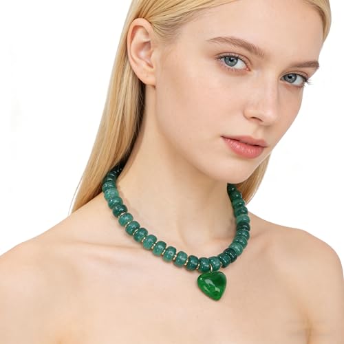 Chunky Colorful Beaded Statement Boho Summer Beach Chokers Necklace Heart Pendant Pink Green Yellow Brown Fashion Jewelry - color: Gold-Green