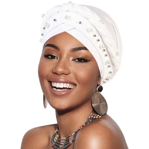 African Women Turban Caps Pre-Tied Twisted Turbans Head Scarf for Women Hair Wraps Cover Beanie Cancer Chemo Headwear - color: 1 Pack Twisted Braid A: Pearls White