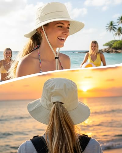 Womens Ponytail Sun Hat Packable UPF50+ Waterproof Bucket Hat Hiking Fishing Safari Hat Foldable Beach Hat - color: Begie