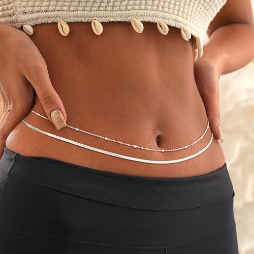 CHESKY 14K Gold Plated Silver Plated Waist Chain for Women, Layered Belly Belt Chains Beach Waist Beads Chain Waterproof Snake Cuban Body Chain Summer Jewelry Accessories for Women - style: snakebead-sl