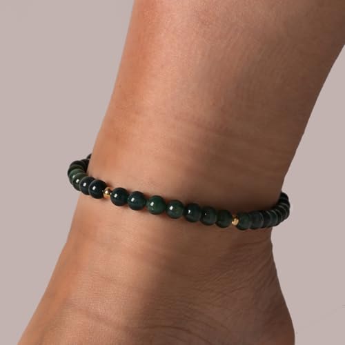 Softones 6mm Natural Stone Anklet for Women Gemstone Ankle Bracelets for Women Healing Energy Crystal Anklets Adjustable(8.5-10 Inches) - color: Moss agate