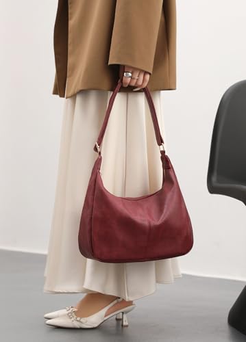 Hobo Bags for Women Foldable Vegan Leather Shoulder Handbag Slouchy Tote Crossbody Purses - color: Red