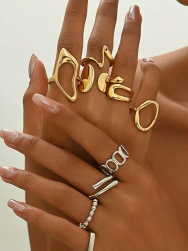 Gold Stackable Rings Set Moon Star Design Adjustable Rings for Everyday Wear Mid FingerPinky Ring Trendy Jewelry Gifts - color: E