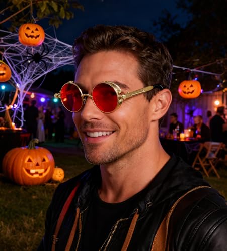 FEISEDY Retro Gothic Steampunk Sunglasses Round Metal Frame Punk Circle Inspired Shade Men B1857 - color: Gold/Red