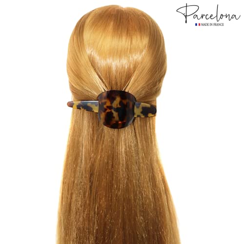 Parcelona French Classic Light Tortoise Shell Large 3” Celluloid Bun Holder Slider Pin Thru Hair Clip with Stick
