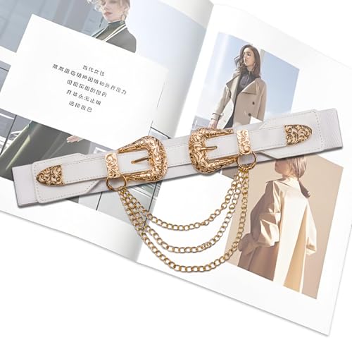 Dubulle Womens Belt Chain Leather Belts Vintage Western Adjustable Elastic Double Buckle for Cowboy Pant Dress - color: White Gold