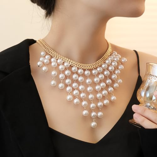 Chunky Gold Pearl Tassel Necklace Layered Pearls Cluster Beaded Choker Necklace Pearls Sweater Chain Statement Necklaces Fashion Jewelry Accessories for Women