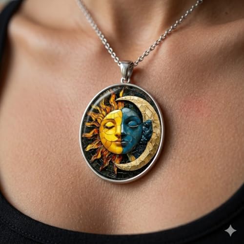 1pc Stunning Round Pendant Necklace - Unique Sun & Moon Pattern, Oil Painting Style Glass Mosaic, Alloy Construction, Trendy Sweater Chain, Fashionable Gift for Women - Christmas or Birthday Gift - color: Sun/Moon Oval