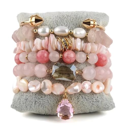 Yomisa 5PCS 6PCS Natural Boho Beaded Bracelets/Bangle for Women Men,Healing Turquoise Jasper Agate Crystal Gemstone Stone Chakra Multilayer Wrap Bohemian Handmade Jewelry Beads Stretch Bracelet Set - color: 6PCS-Pearl