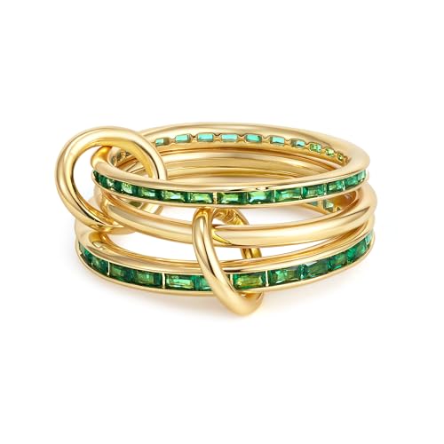 SLOONG Gold Stackable Rings for Women Non Tarnish, Dainty 18K Gold Plated Cubic Zirconia Rings, Silver Rose Gold Rings Set, Multi Ring Mixed Metals Stackable Ring Set for Women - style: 3PCS Gold+Green
