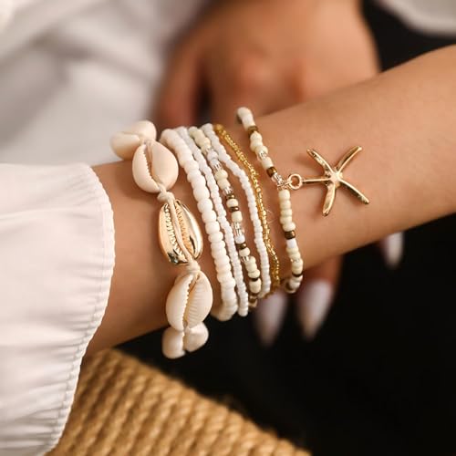 Shell Bracelet,Gold Plated Starfish Ankle Bracelets for Women Waterproof Stack Beaded Anklet Boho Hawaiian Vacation Beach Jewelry Gifts - style: sea shell