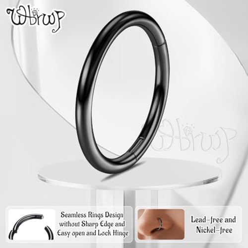 WBRWP 316L Stainless-Steel Piercing-Ring Hinged Nose-Rings-Hoop : 20G 18G 16G 14G Womens Body Pierecing Ring Segment Clicker Lip Rings Helix Cartilage Rook Earrings Diameter 6mm 8mm 10mm 12mm - color: 4pc set in black color(each dia. 1 pc)