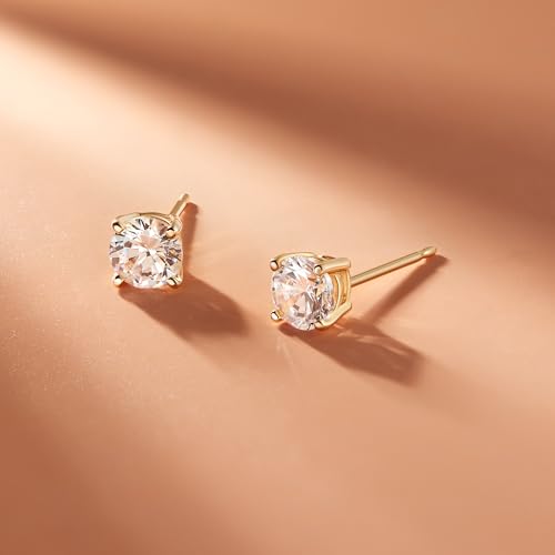 Amazon Essentials Plated Sterling Silver Cubic Zirconia Stud Earrings (Round & Princess) - color: White/Yellow Gold, size: 6.5 mm, style: Round Cut