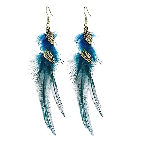 Bohemian Handmade Natural Long Feather Dangle Earrings for Women Multicolor Tassel Feathers Dangle Drop Earrings Vintage Bohemian Earrings Boho Feather Earrings - color: Blue