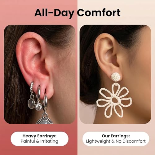 Woven Raffia Rattan Earrings for Women, Boho Flower Hoop & Drop Dangle Earrings Collection, Handmade Summer Beach Vacation Statement Earrings for Party Daily Wear - color: Raffia Flower Stud