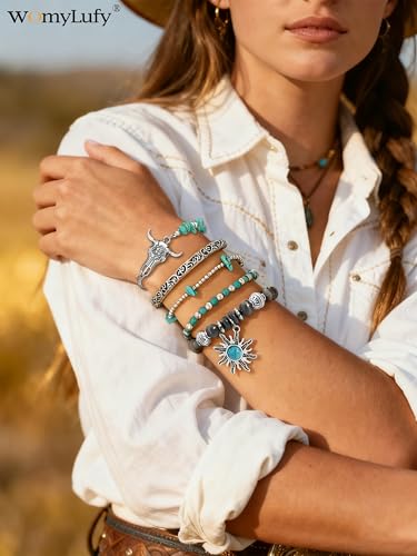 Turquoise Western Jewelry Set for Women, Boho Cowgirl Earrings Bracelet Stack and Layered Necklace, Silver Tone, Multiple Styles - style: Sunflower