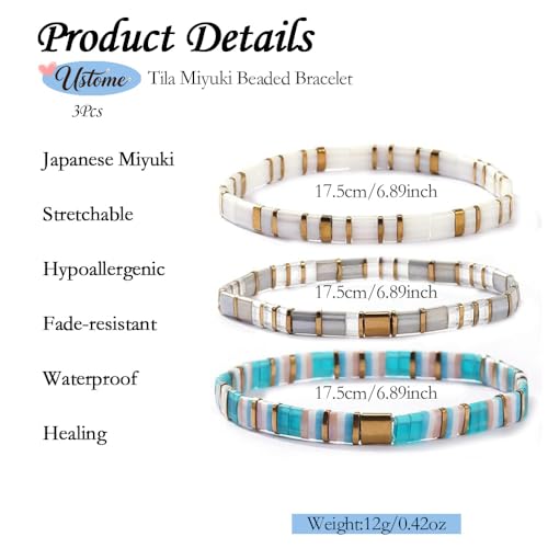 Tila Flat Square Stack Beaded Bracelets Set for Women Men, Boho 3Pcs Romantic Handmade Healing Gold Colorful Stretch Accessories Jewelry, Daily Vacation Party Holiday Friendship Gift - color: White Gray Blue