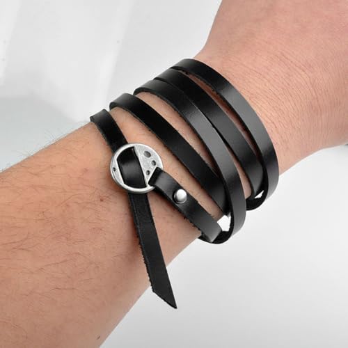 Rantanto Genuine Leather Wrap Bracelets Trendy Western Stackable Cuff Adjustable Boho Layered Bracelet Jewelry For Men Women - color: Black