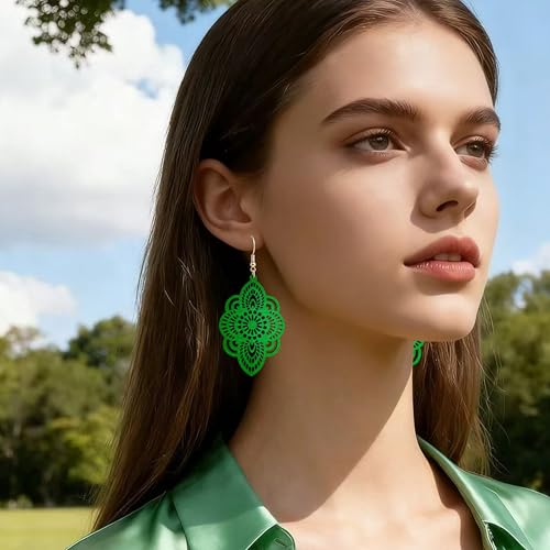 Bohemian Wood Earrings Natural Retro Lightweight Hollow Pattern Geometric Wooden Dangle Drop Earrings Statement Vintage Jewelry - color: mint green