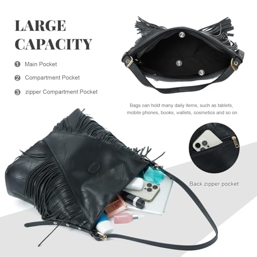 Vintage Fringe Shoulder Bags For Women Tassle Hobo Bags Large Crossbody Fringe Purse | Vintage - color: Black
