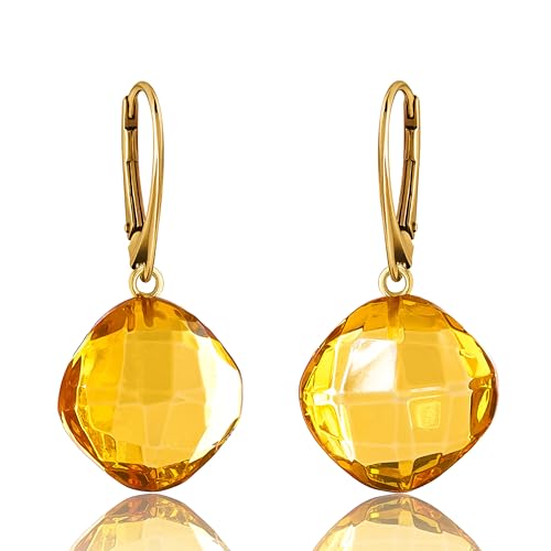Leverback Dangle Earrings for Women – Gold-Plated 925 Silver Drop Earrings with Natural Yellow Baltic Amber Piece, Lightweight Jewelry with Secure Closure for Everyday Elegance - color: Faceted Cushion