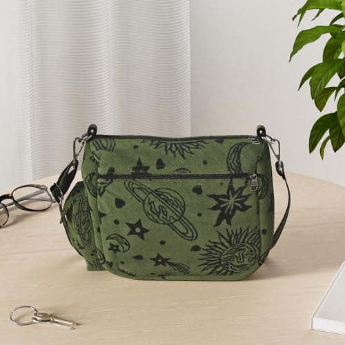 Sun Moon Stars and Planets Celestial Hippie Boho Crossbody Single Shoulder Bag - color: Green