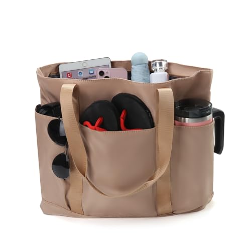Waterproof Tote Bag with Zipper Foldable Beach Bag for Travel - color: Brown