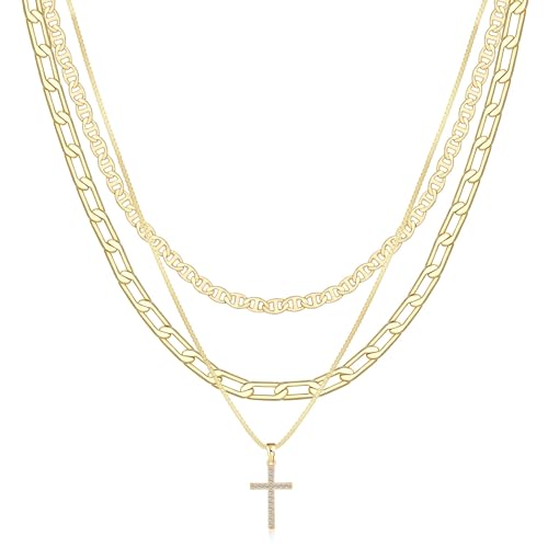 Layered Gold Necklaces for Women Dainty 14k Gold/Silver Plated Stackable Choker Necklaces Trendy Cuba Cross Circle Pendant Necklaces Set Jewelry Gifts for Women