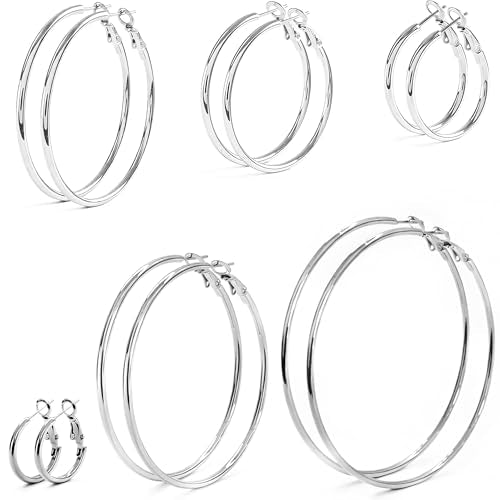 6 Pairs Silver Gold Hoop Earrings for Women - 14K Gold Plated 316 Stainless Steel, Hypoallergenic Lightweight 20/30/40/50/60/70mm Hoops Set - color: silver
