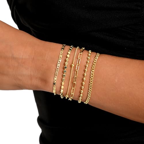 Dainty Gold Bracelets for Women, 14K Gold Plated Stackable Bracelet Set, Adjustable Beaded Cuban Paperclip Herringbone Figaro Snake Rope Chain Jewelry - style: Set9 Gold 6Pcs