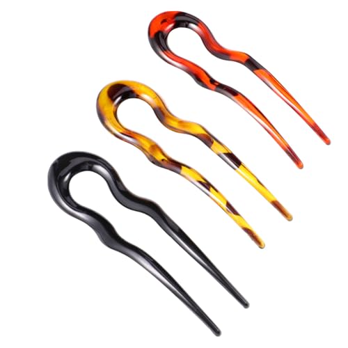 Healeved 3 Pieces Leopard Print U-shaped Hair Pins Hair Forks Resin Double Prong for Women Wedding Updo and Daily Styling