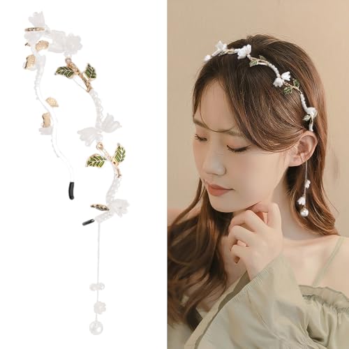 AHONEY White Flower Headband for Women Girls Hair Vine Leaf Boho Headband Wedding Fairy Accessories Headpiece Bridal Crown - color: White