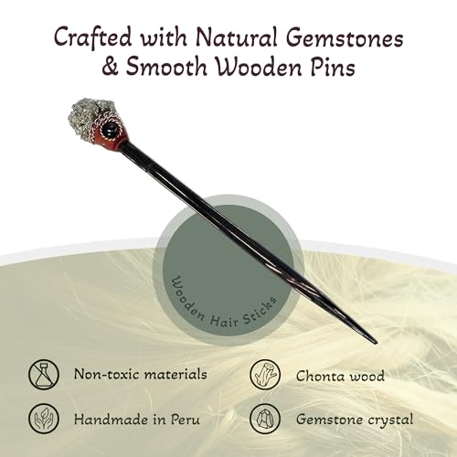 Mia Jewel Shop - Natural Tumbled Healing Gemstone Crystal Chonta Wooden Hair Sticks – Handmade Hair Sticks for Women | Hair Pins Boho Reiki Accessories, Fashion Gifts (Silver Pyrite) - color: Silver Pyrite