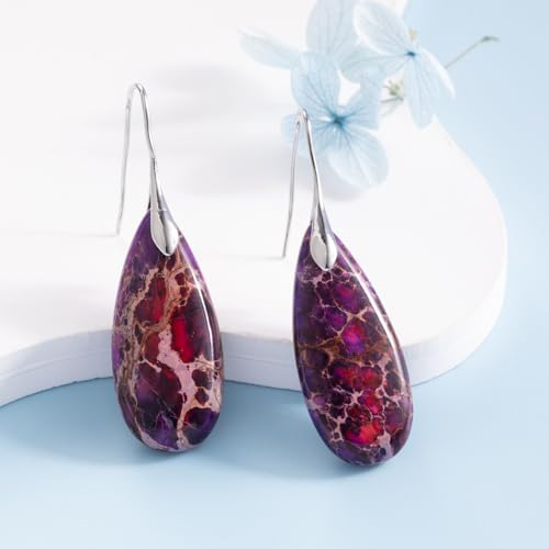 SELOVO Stone Fishhook Dangle Drop Earrings Statement Earrings for Women Stone - color: Reddish Violet-Silver Color Hook