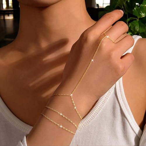 Moodear Gold Hand Chain Bracelet for Women - 14K Gold Plated/Sterling Silver Layered Adjustable Satellite Bead Paperclip Dot CZ Link Hand Chain Ring Bracelets Non Tarnish Trendy Jewelry Gift - style: 3BR-Gold