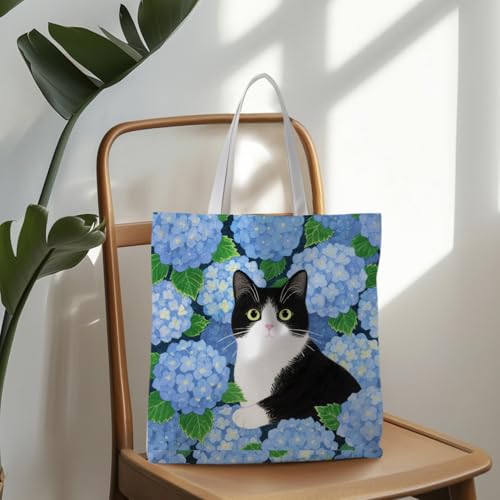 Preppy Animal Tote Bag, Pet Canvas Tote Bag, Reusable Grocery Shopping Shoulder Bags - color: Floral Cat