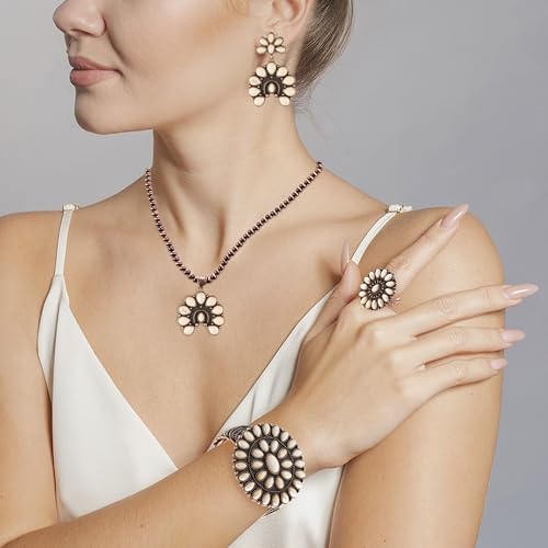 4 PCS Western Turquoise Jewelry for Women Boho Vintage Navajo Pearl Necklace Earring Bracelet Ring Set Country Cowgirl Accessories for Gift - color: B-White