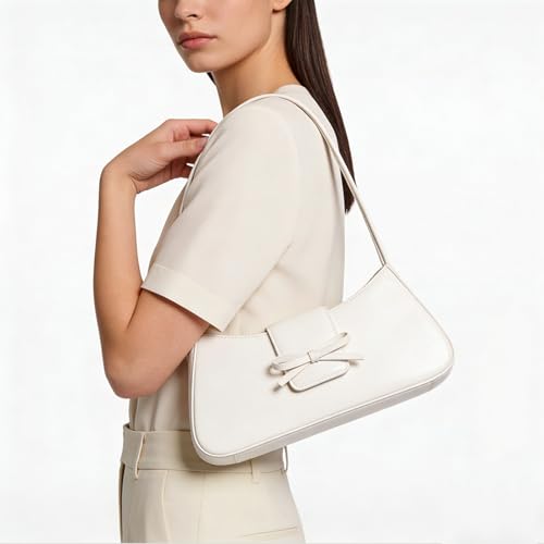 Shoulder Bags for Women Coquette Bow Purse Y2k Bag Small Cute Purses Mini Hobo Handbag Faux Leather Shoulder Purse - color: White